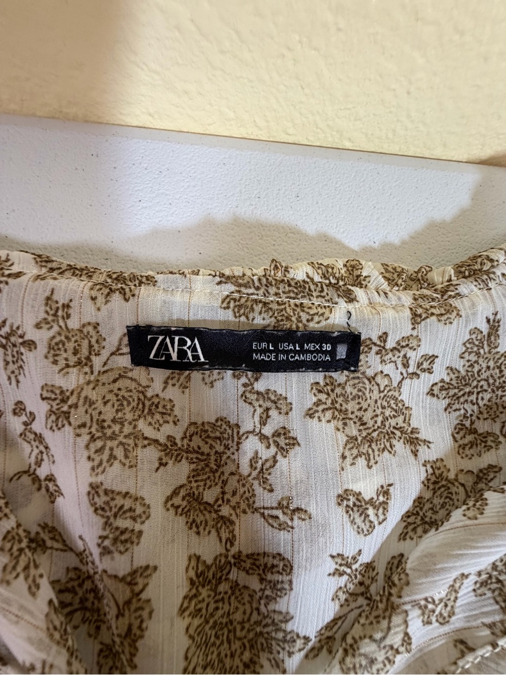 Zara Women's Sheer Floral Peasant Blouse Cream & Brown Long Sleeve Size Large - Picture 3 of 6